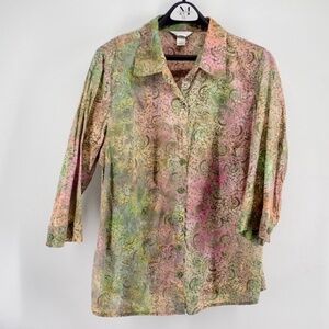 CJ Banks Women's Blouse Size 1X Rainbow Floral Print 3/4 Sleeve Button Down Top